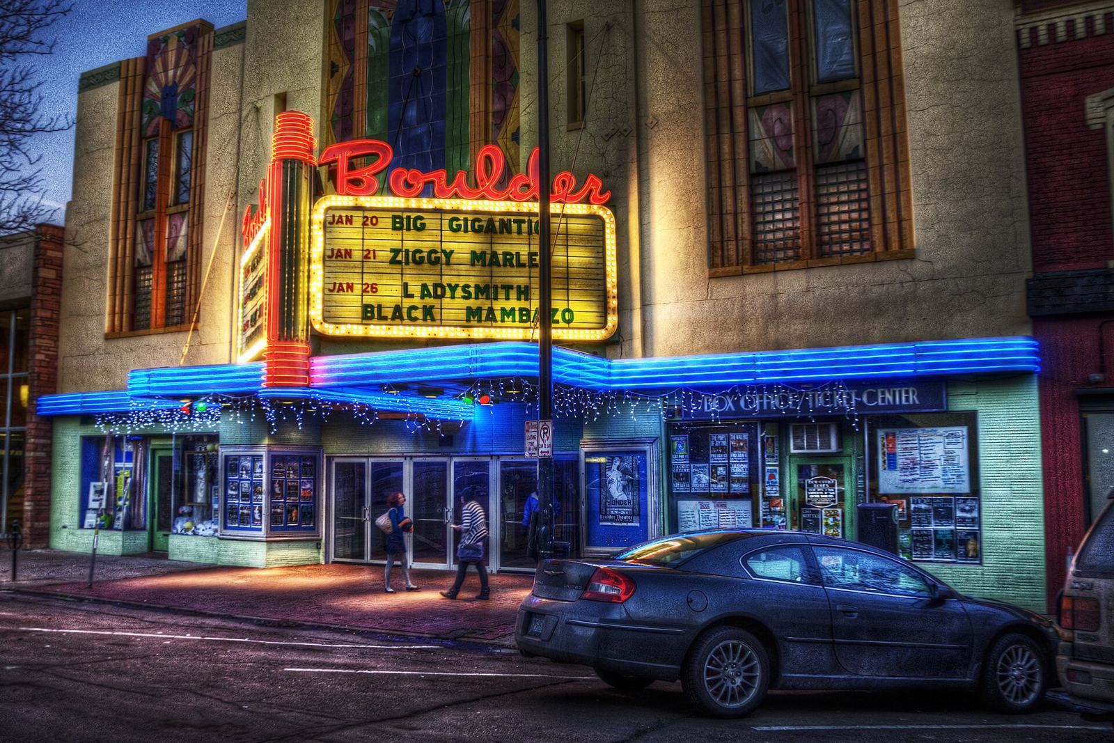 The Boulder Theater marquee at night